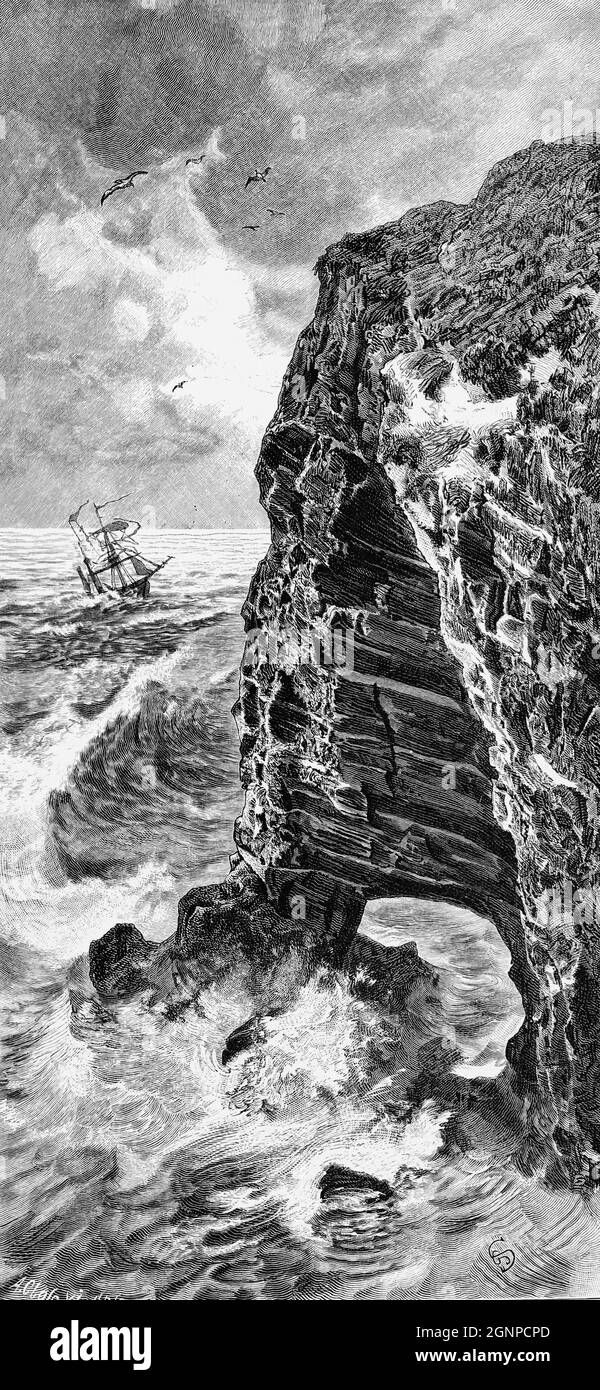 North Sea island of Heligoland in heavy sea and strong breakers against its sandstone rocks, North Germany , historic illustration 1880, Stock Photo