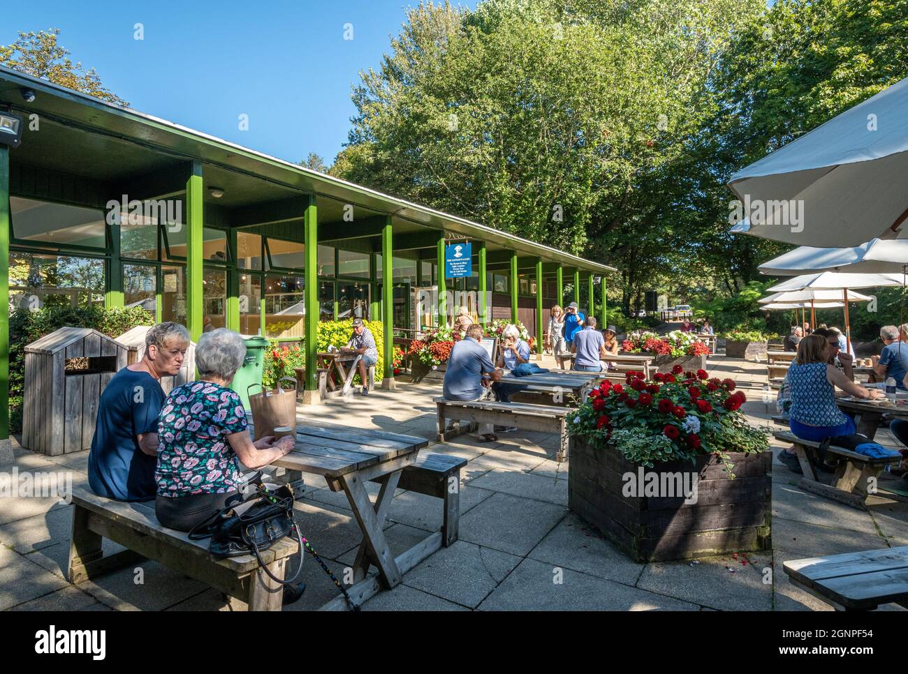 People sitting outside the Captain's Cabin Tea Rooms, a cafe at Buckler's Hard village in the New Forest, Hampshire, UK, on a sunny day Stock Photo