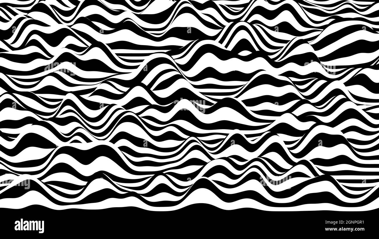 3D black and white ripple stripes distorted backdrop. Abstract ...