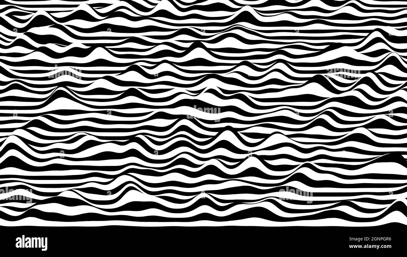 Trendy 3D black and white stripes distorted backdrop. Procedural ripple ...