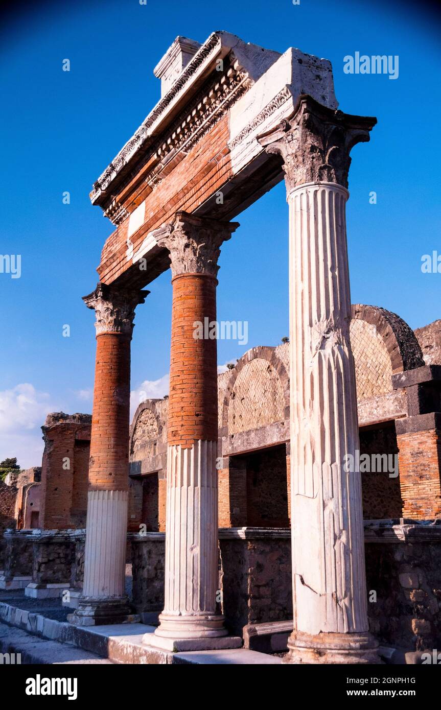 Portico of one of the focal points of the ancient city of Pompeii, the Macellum or market, Italy. Stock Photo