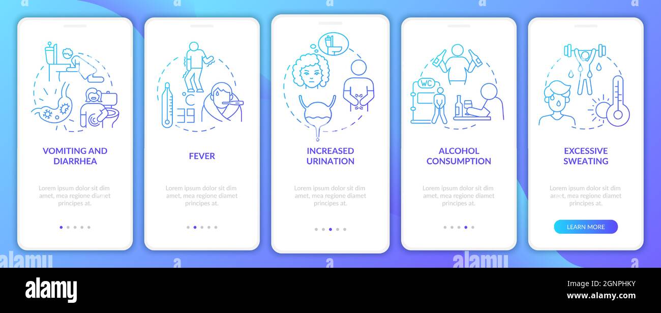 Dehydration causes blue gradient onboarding mobile app page screen Stock Vector