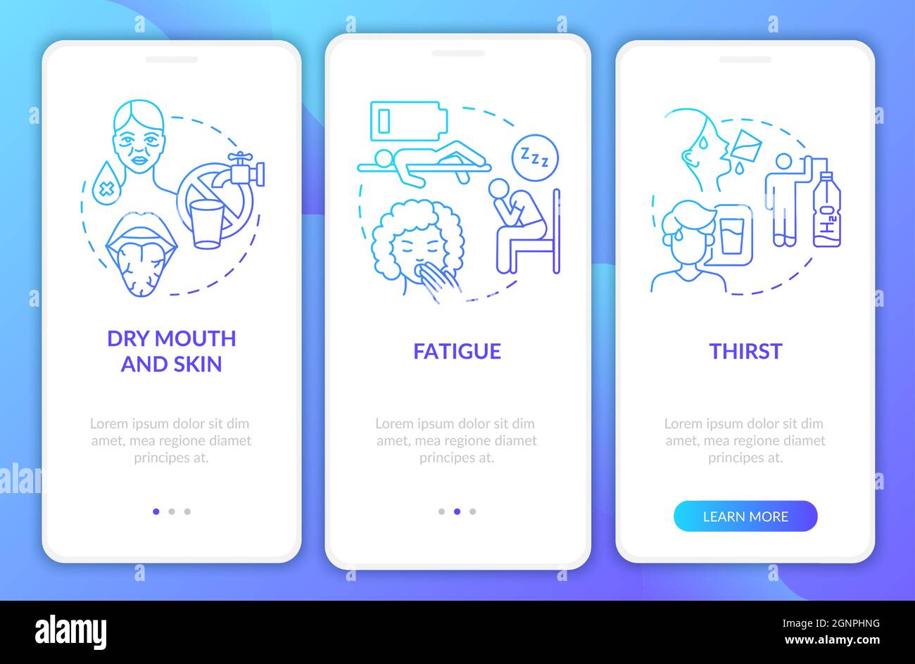 Dehydration symptoms blue gradient onboarding mobile app page screen Stock Vector