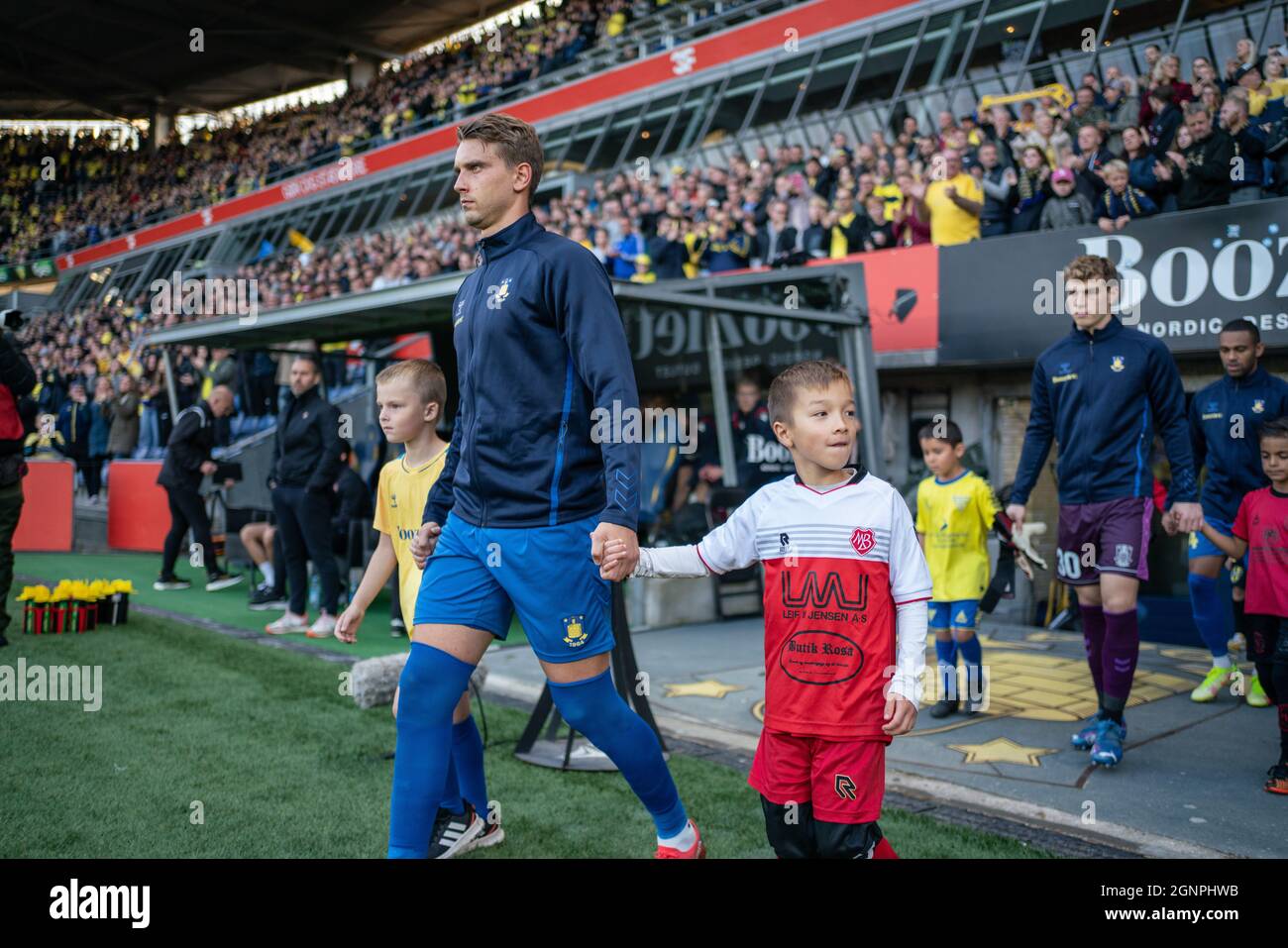 Brondby, Denmark. 26th Sep, 2021. Andreas Maxso (5) of Broendby IF enters the pitch for the 3F Superliga match between Broendby IF and Aalborg Boldklub at Brondby Stadion. (Photo Credit: Gonzales Photo/Alamy Live News Stock Photo