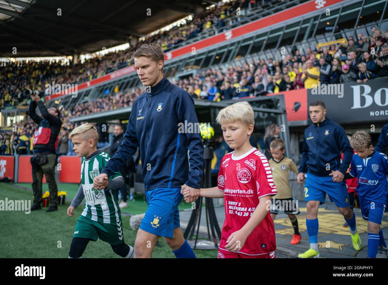 Brondby, Denmark. 26th Sep, 2021. Sigurd Rosted (4) of Broendby IF enters the pitch for the 3F Superliga match between Broendby IF and Aalborg Boldklub at Brondby Stadion. (Photo Credit: Gonzales Photo/Alamy Live News Stock Photo