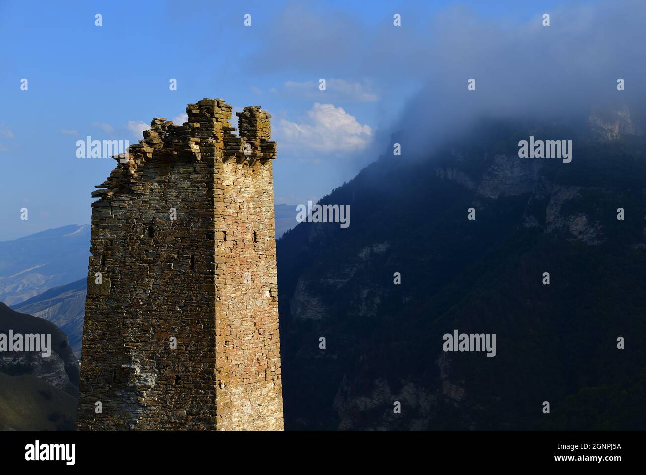 Medieval ruins building of the Harcaroy Battle Tower. Kharkaroi village, Vedensky district, Chechen Republic. Russia Stock Photo