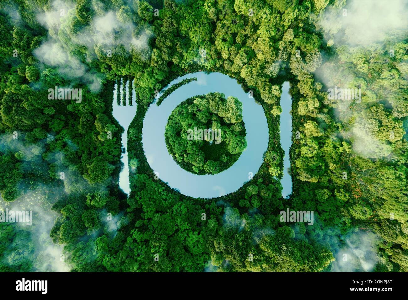 A lake in the shape of a cutlery plate, in the middle of unspoilt nature. A metaphor for veganism, vegetarianism and the meat-free trend in eating. 3d Stock Photo