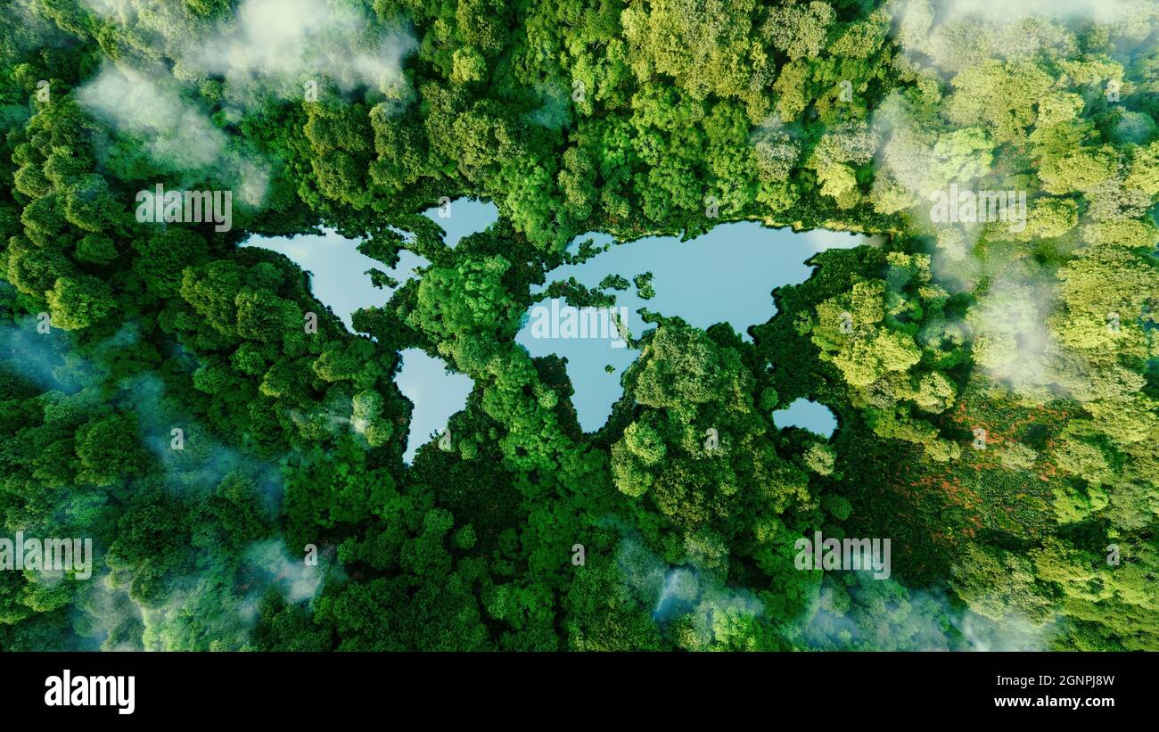 A lake in the shape of the world's continents in the middle of untouched nature. A metaphor for ecological travel, conservation, climate change, globa Stock Photo
