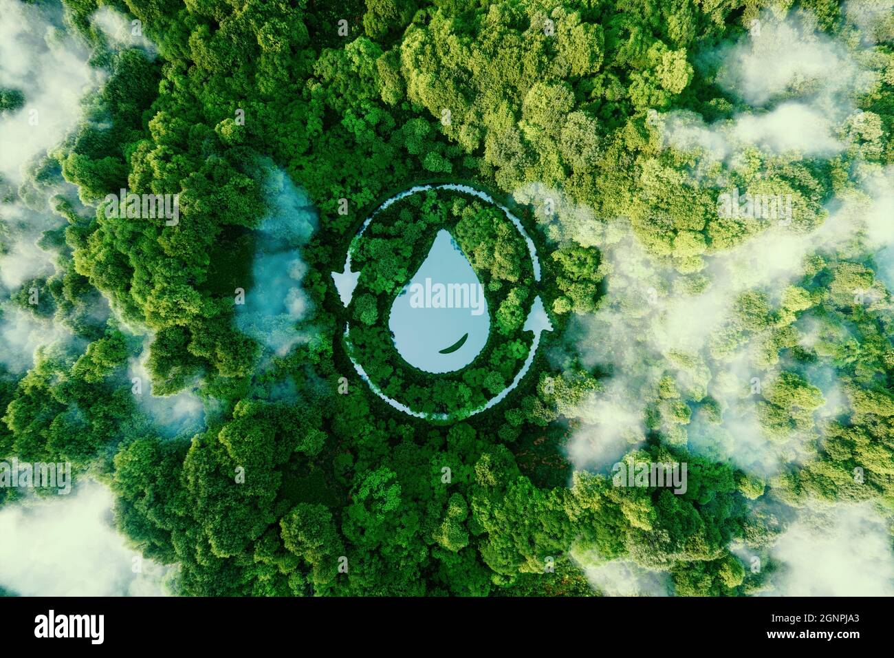 A water droplet shaped lake in the middle of untouched nature. An ecological metaphor for nature's ability to hold and purify water. 3d rendering. Stock Photo