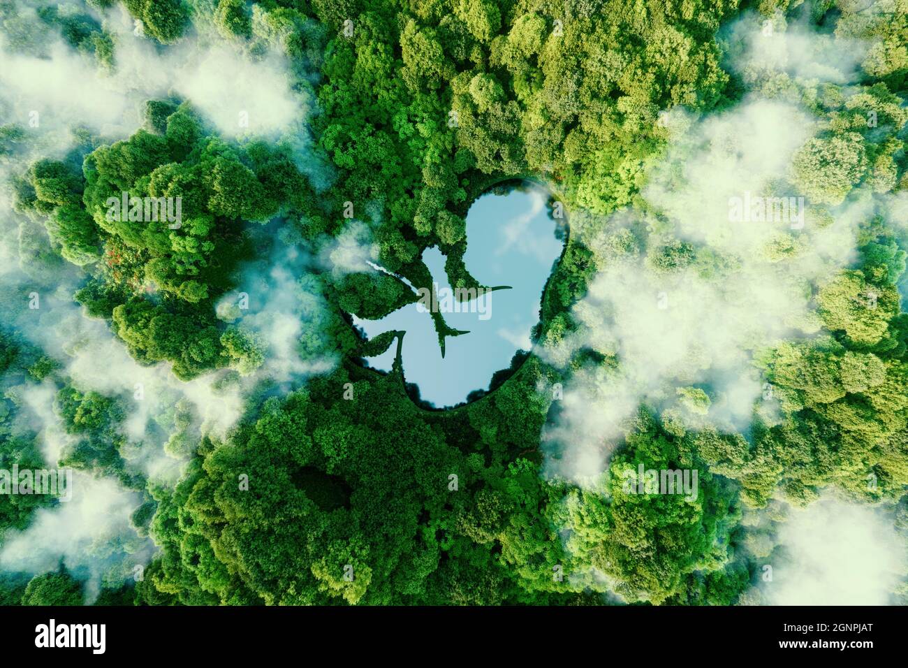 Concept depicting the self-renewing processes of nature and new life in general in the form of an embryo-shaped lake in the middle of a pristine fores Stock Photo