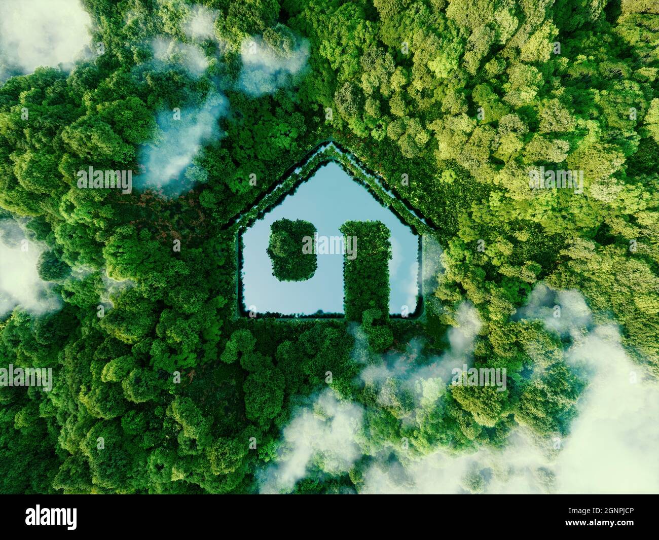 Concept depicting new possibilities for the development of sustainable construction technologies and green living the form of a house-shaped pond loca Stock Photo