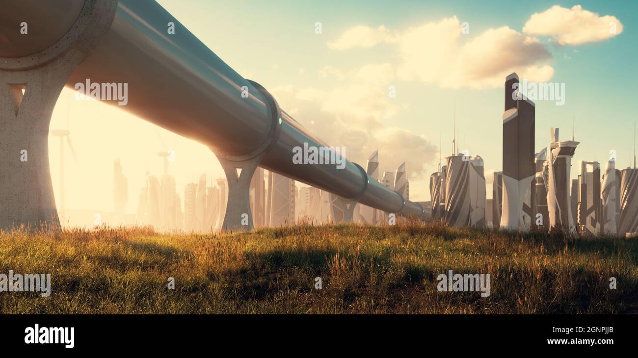 The concept of travelling by hyperloop - a tube leading to a futuristic city illuminated by a beautiful golden evening atmosphere. 3d rendering. Stock Photo