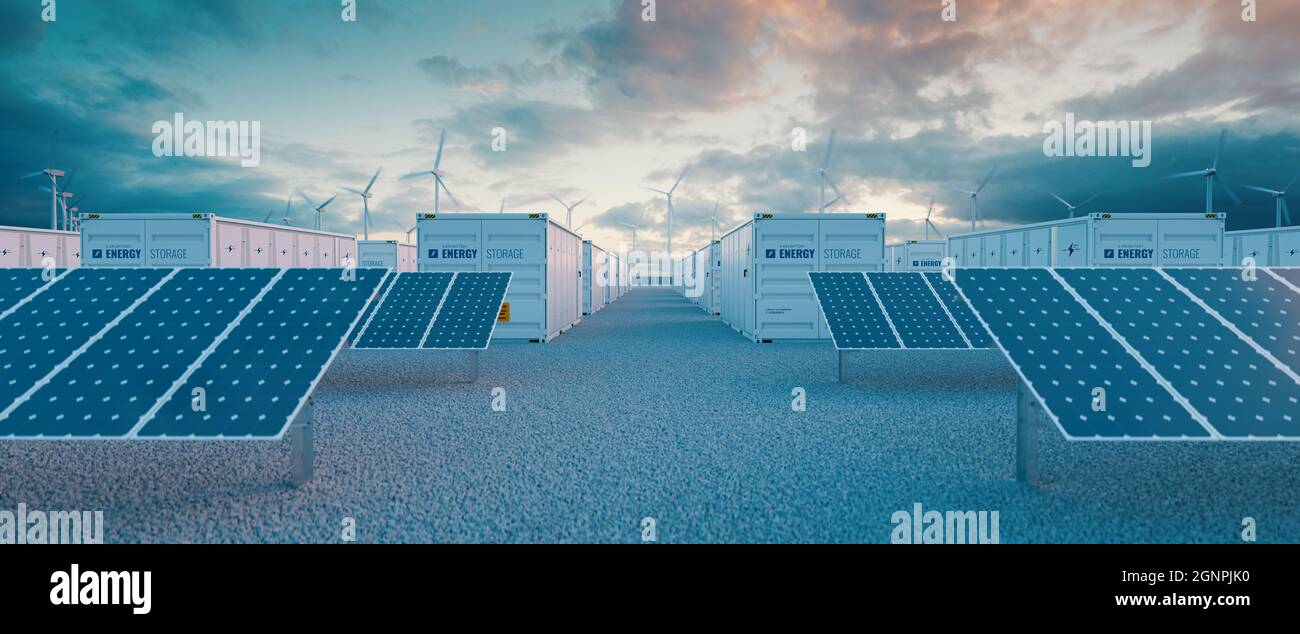 Battery storage power station by solar and wind turbine