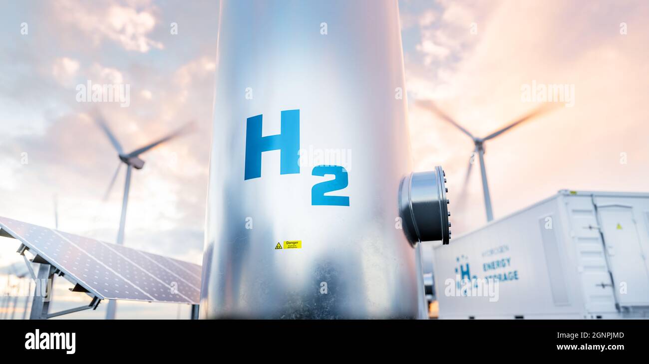 Hydrogen energy storage gas tank with solar panels, wind turbine and energy storage container unit in background. 3d rendering. Stock Photo