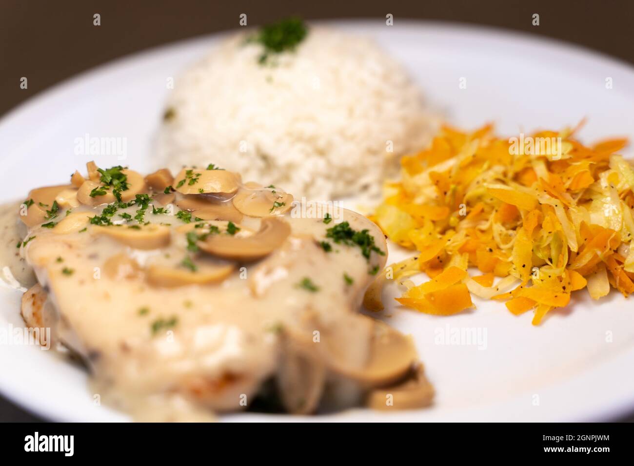 Close up photo of mixed dish of rice with meat garnished by mushroom