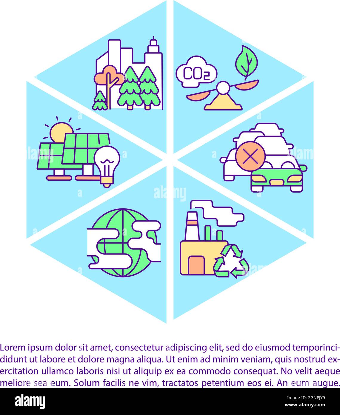 Net zero emissions strategy concept line icons with text Stock Vector