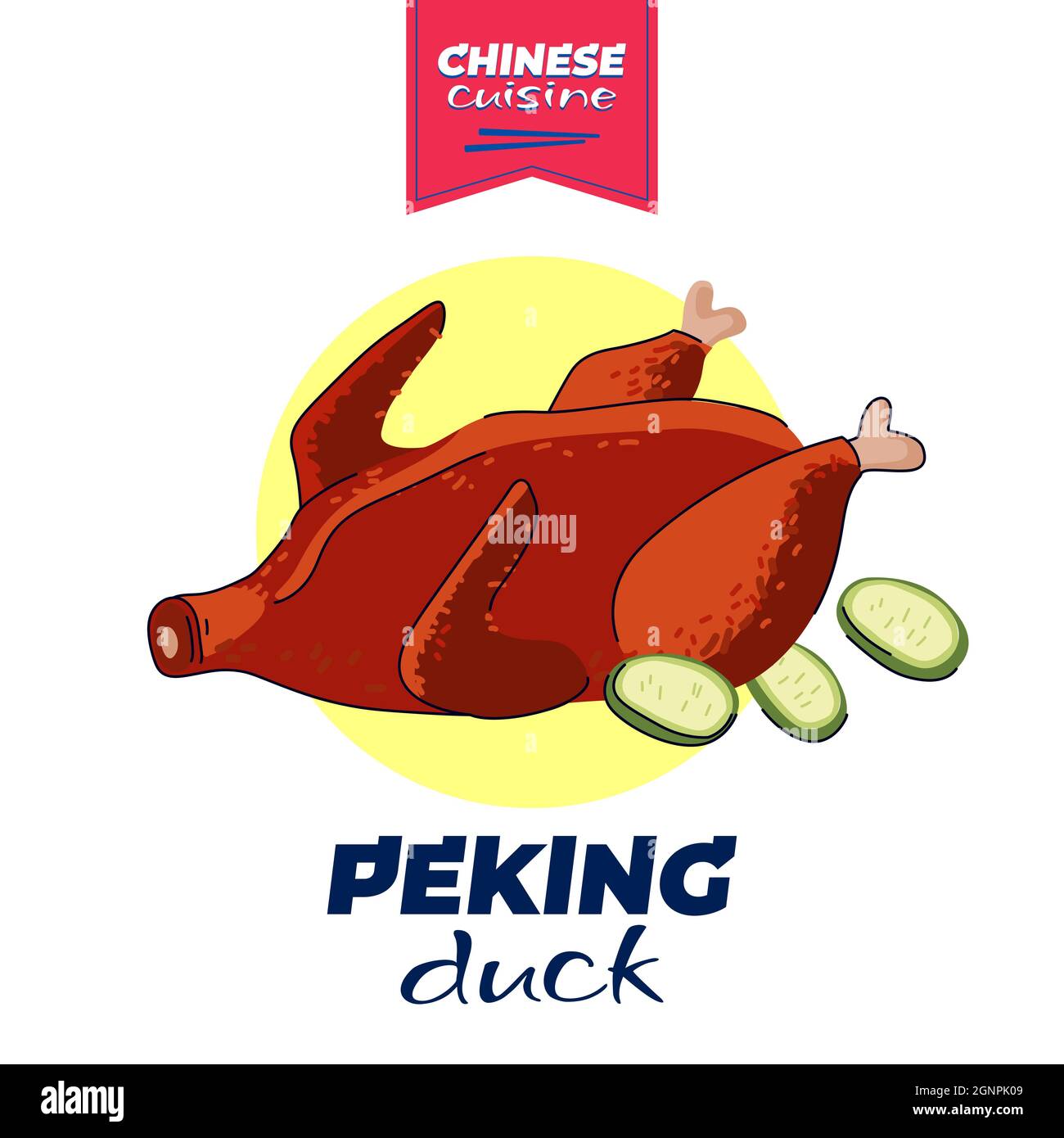 Chinese cuisine peking duck banner concept. China national dish roasted beijing spicy meat. Asian food vector eps hand drawn art illustration for oriental cafe or restaurant advertising Stock Vector