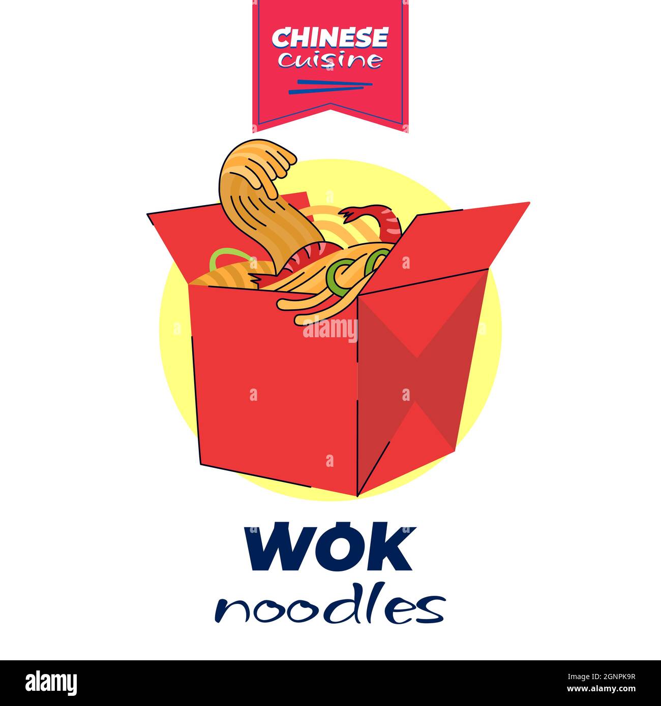 Chinese cuisine wok box banner concept. China national noodle dish meal in  red paper package. Asian food vector eps hand drawn art illustration for  oriental cafe or restaurant advertising Stock Vector Image