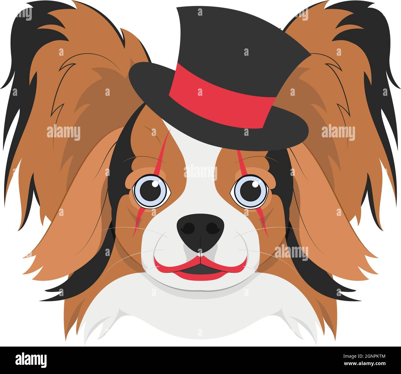 Halloween greeting card. Papillon dog with top hat and clown makeup Stock Vector