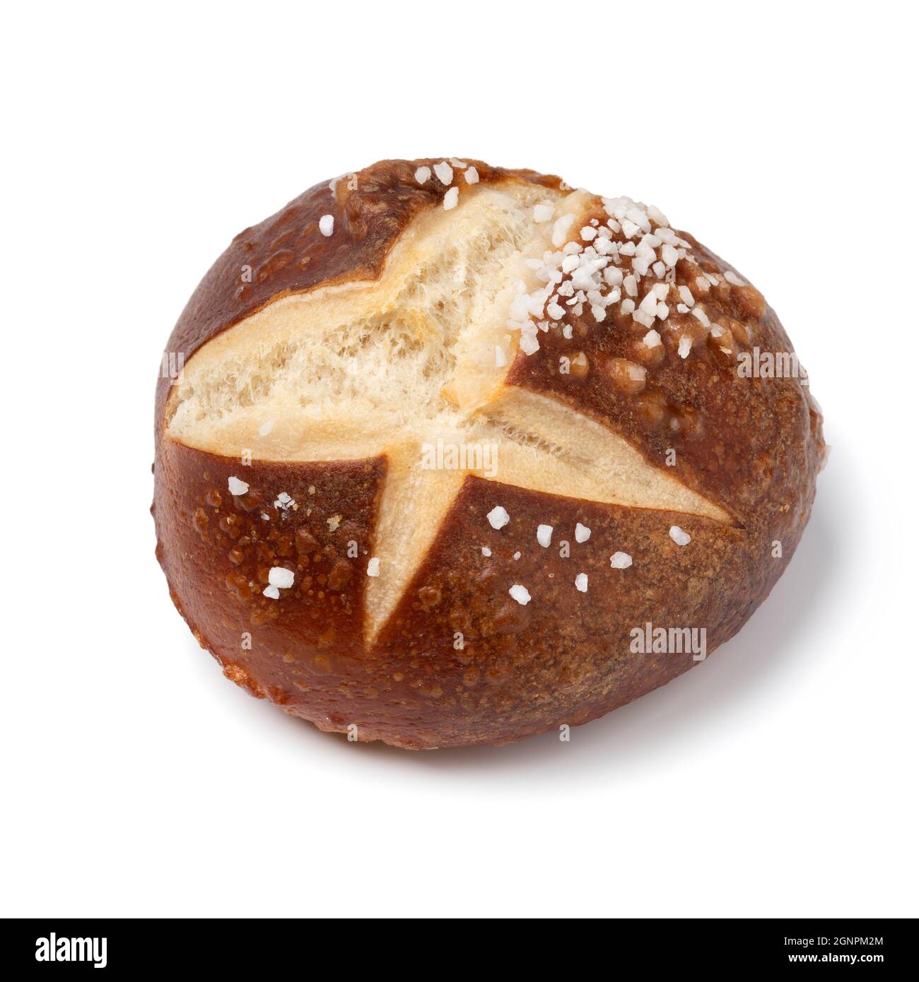 Fresh baked single German pretzel bun close up isolated on white background Stock Photo