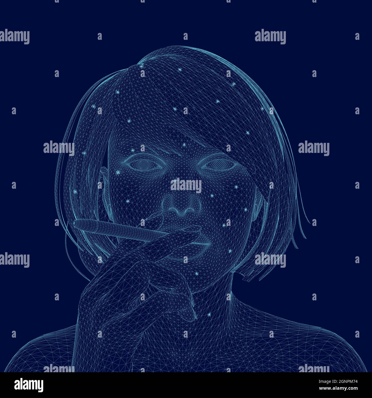 Wireframe of a girl smoking a cigarette made of blue lines with glowing lights on a dark background. 3D. Vector illustration. Stock Vector