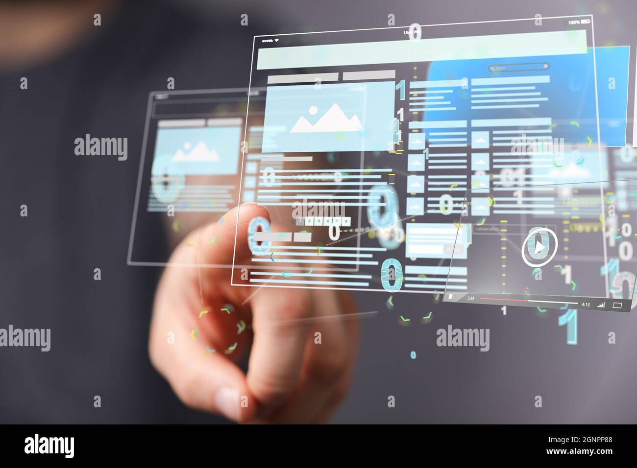 Close up shot on a finger interacting with the 3d develop interface web application Stock Photo