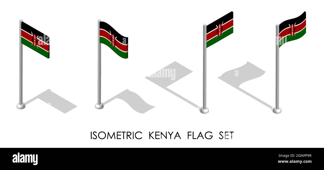 isometric flag of Republic of Kenya in static position and in motion on flagpole. 3d vector Stock Vector