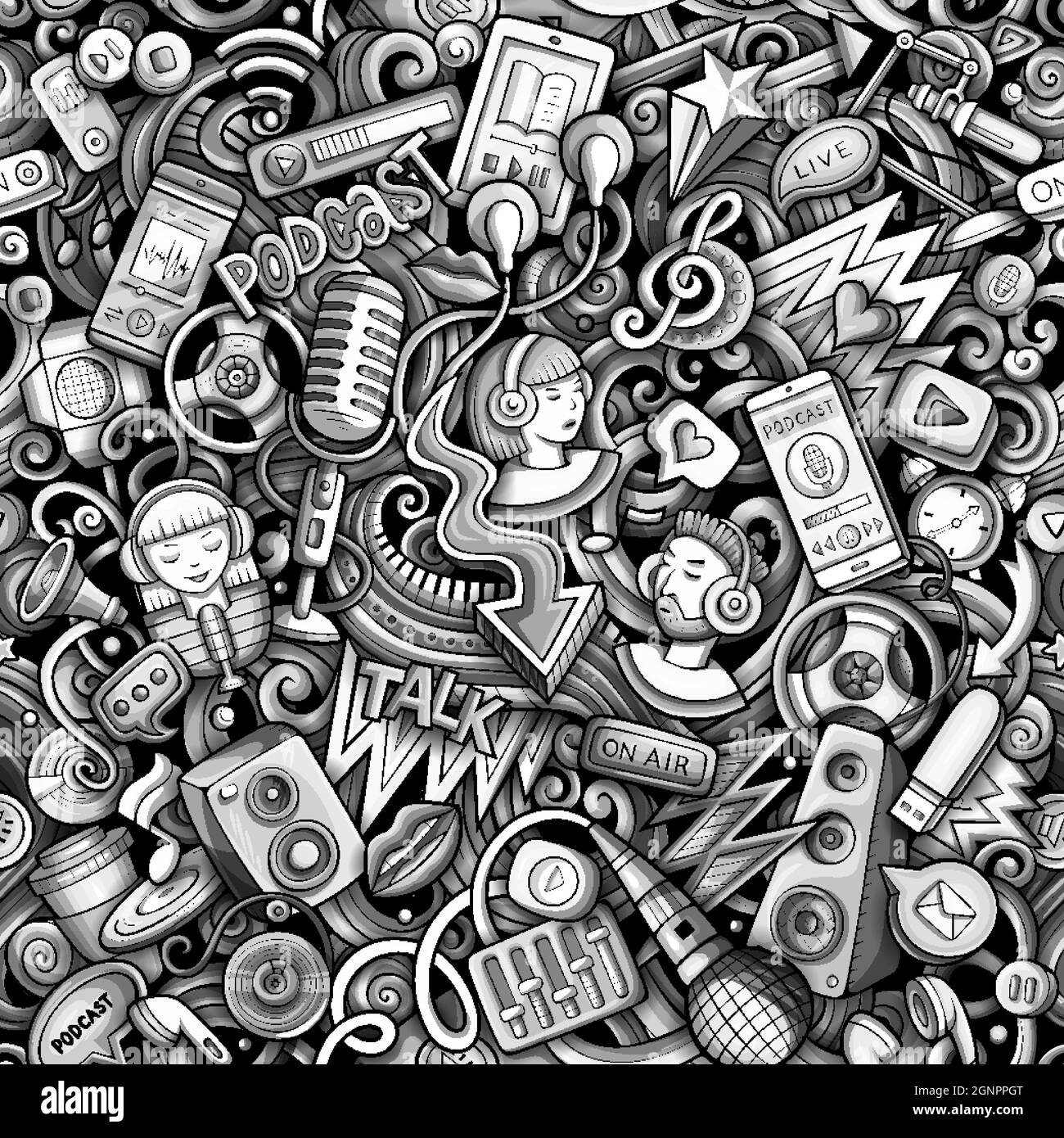 Cartoon doodles Audio content seamless pattern. Stock Vector
