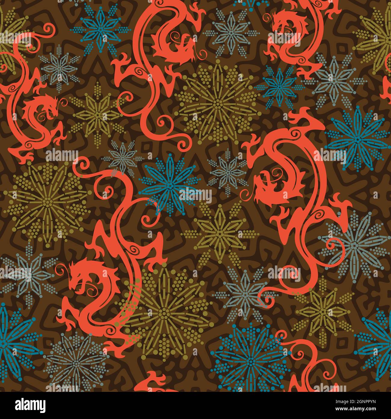 Seamless pattern with Dragons and Ethnic Flowers Stock Photo