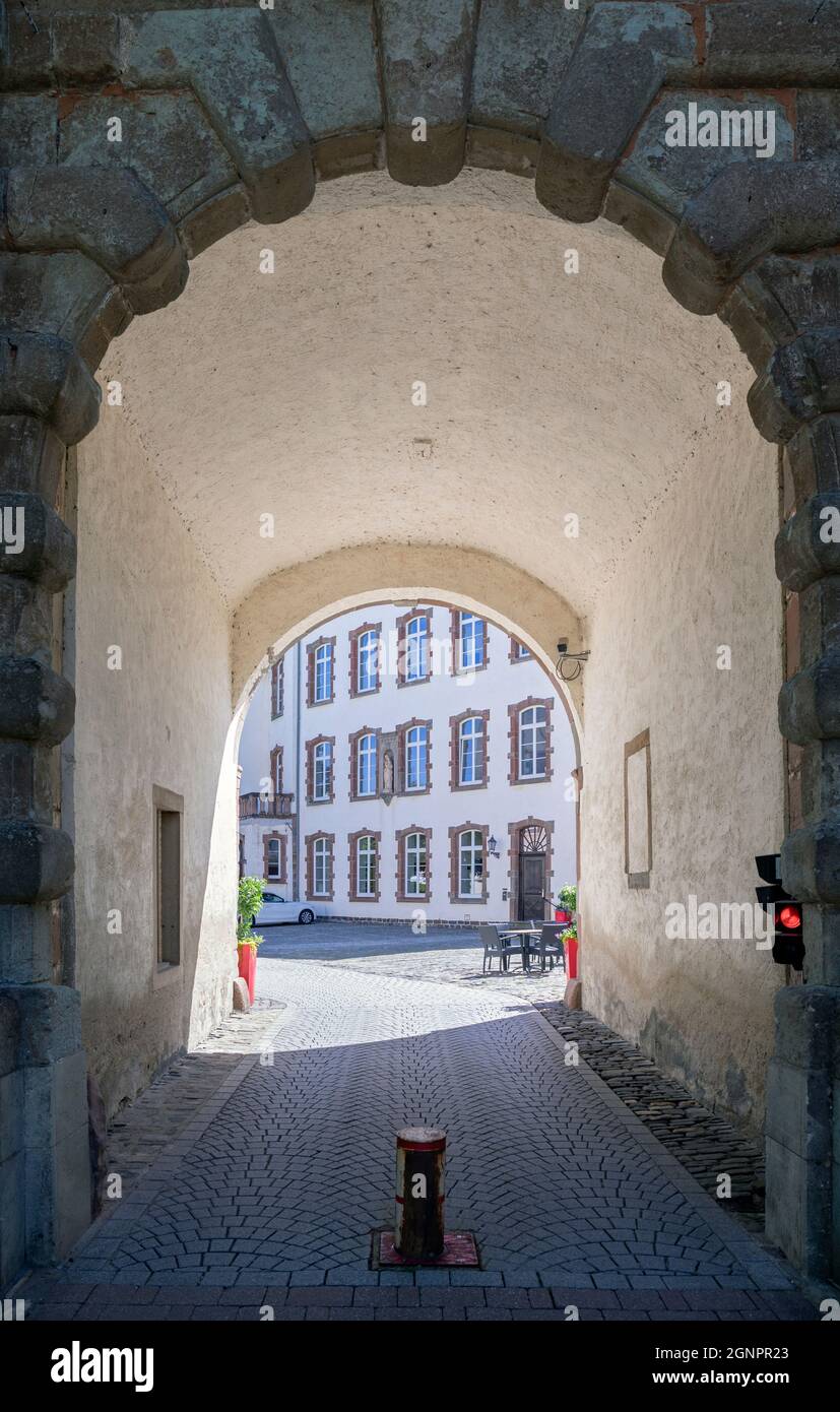 Europe, Luxembourg, Wiltz, Schlass Wolz (Wiltz Castle) Showing the Arched Entrance to the Central Campus and Museums Stock Photo