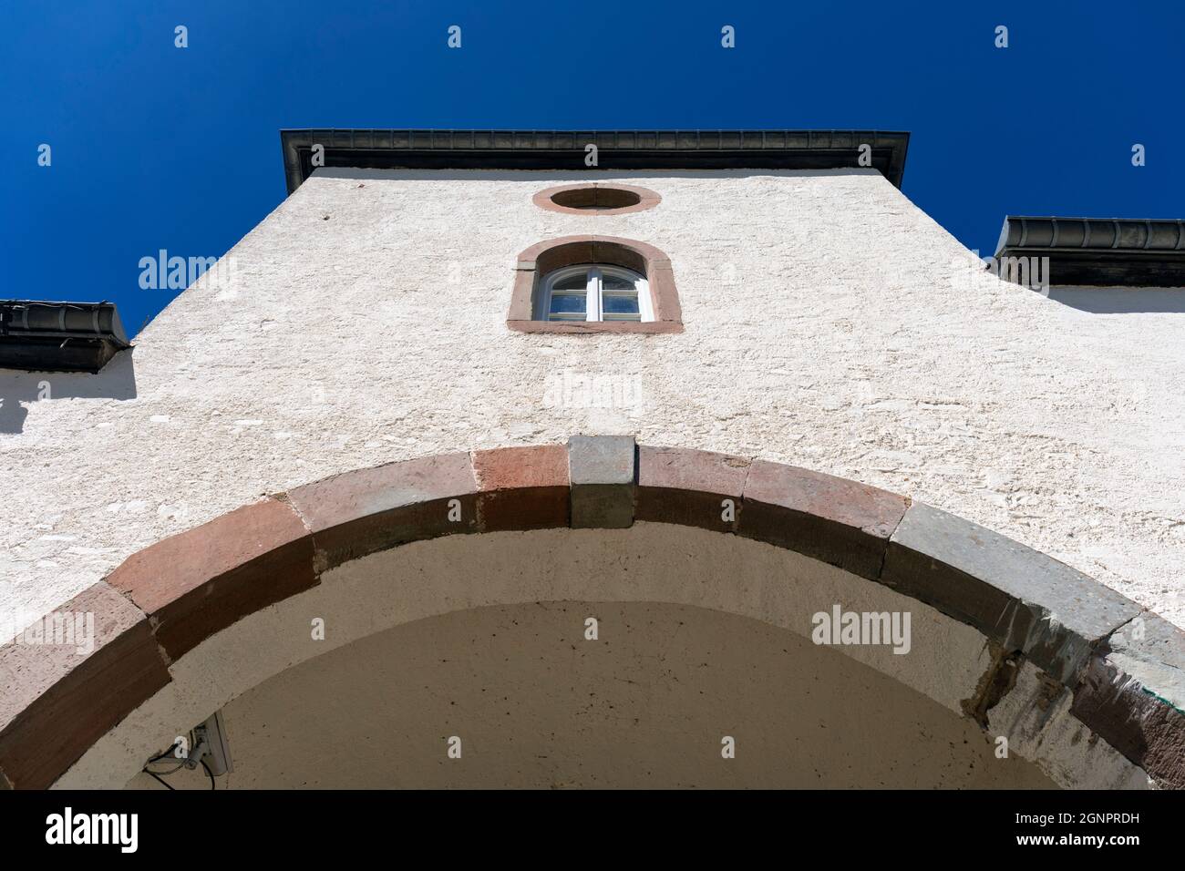 Europe, Luxembourg, Wiltz, Schlass Wolz (Wiltz Castle) Showing the Arched Entrance to the Central Campus and Museums (Detail) Stock Photo