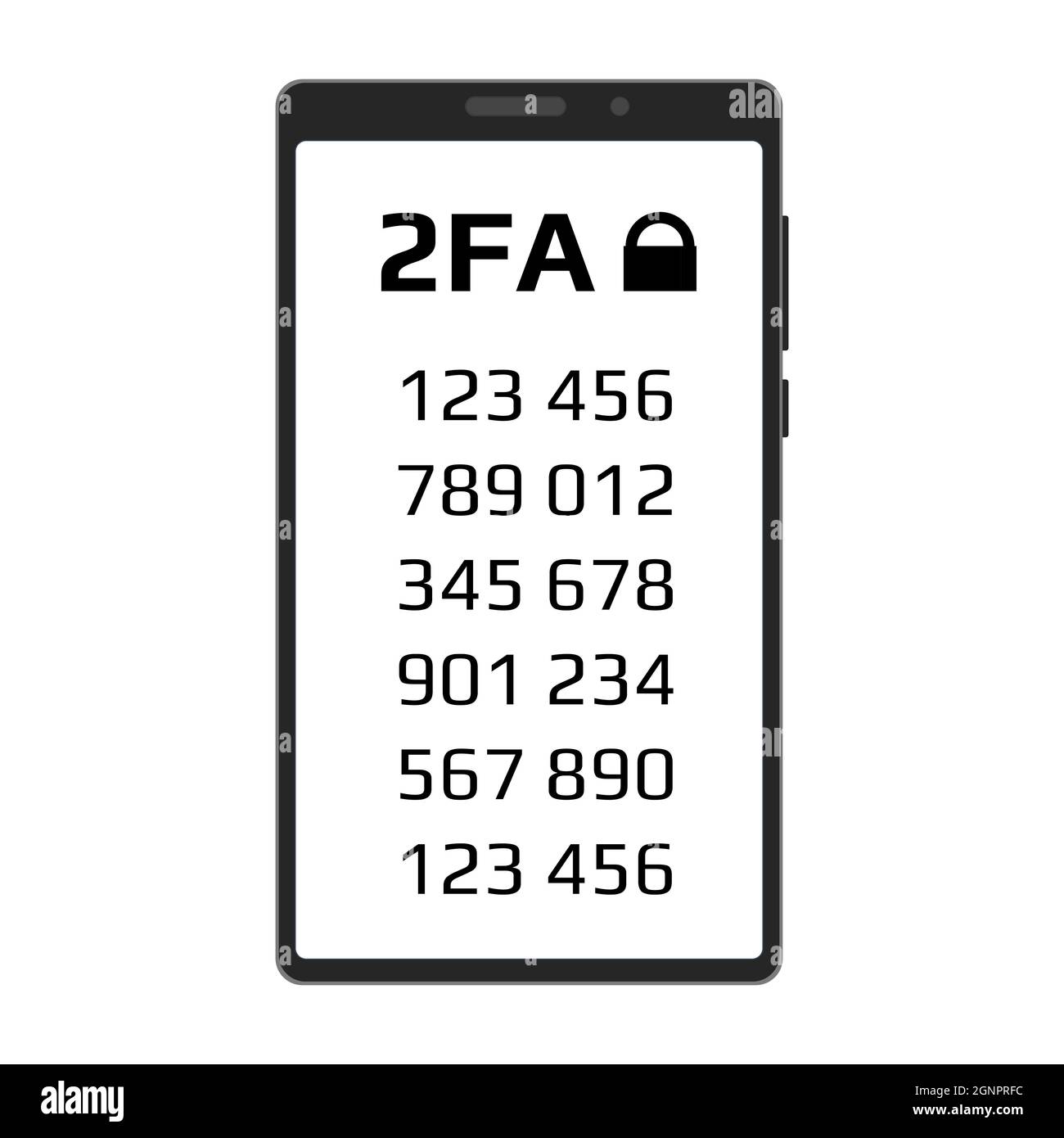 Two factor authentication 2FA concept with a codes on smartphone screen isolated on white background. Protecting your money. Vector illustration. Stock Vector