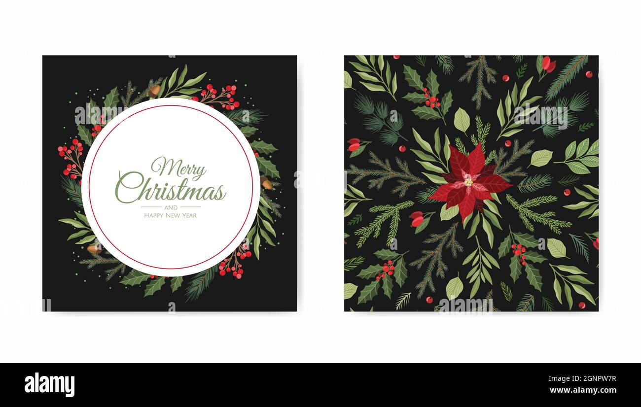 Merry Christmas and New Year Cards with Pine Wreath, Mistletoe, Winter ...