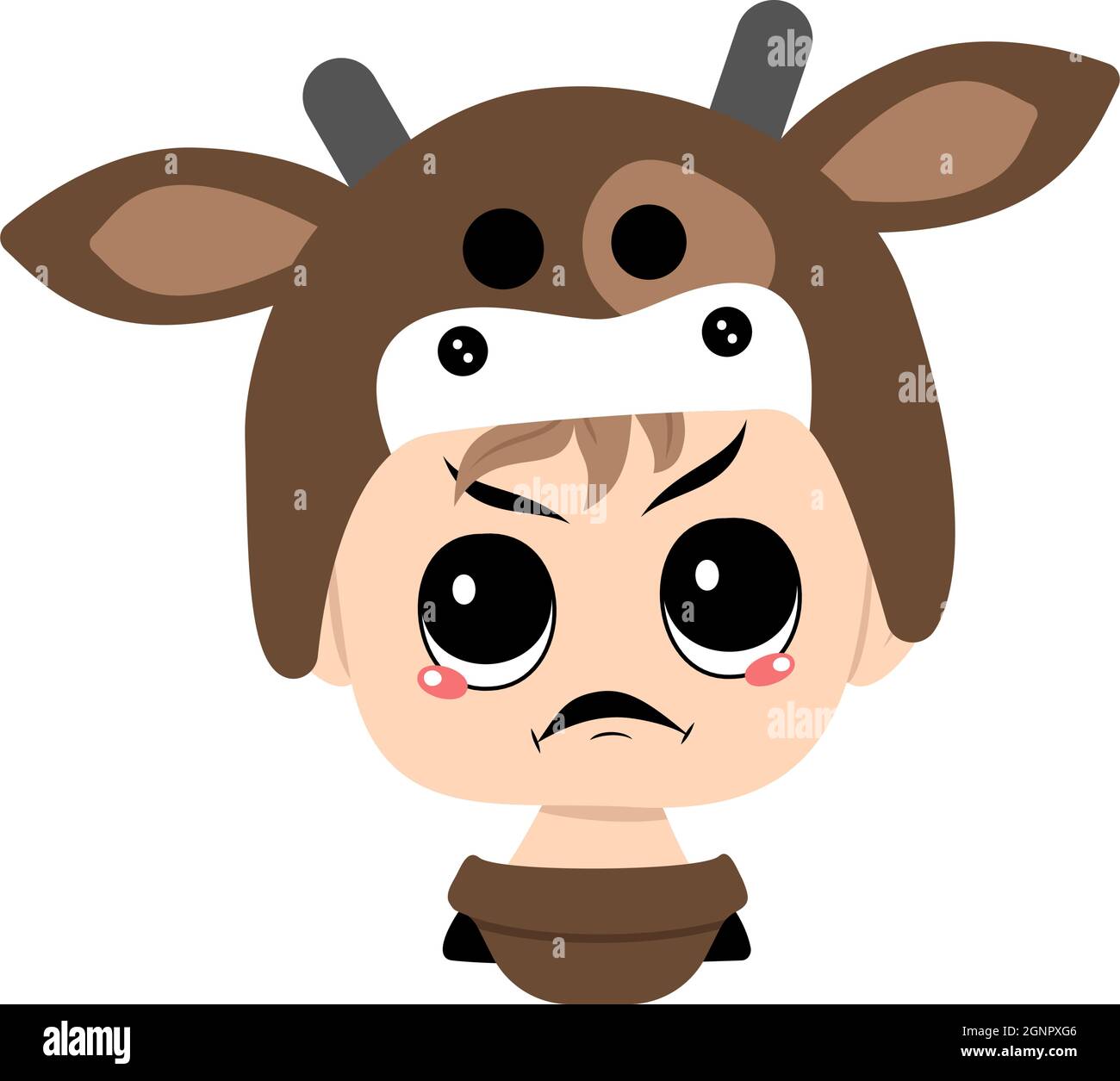 Boy with blonde hair and angry emotions, grumpy face, furious eyes in cow hat. Head of cute child with furious expression in carnival costume for the holiday, Christmas or New year Stock Vector