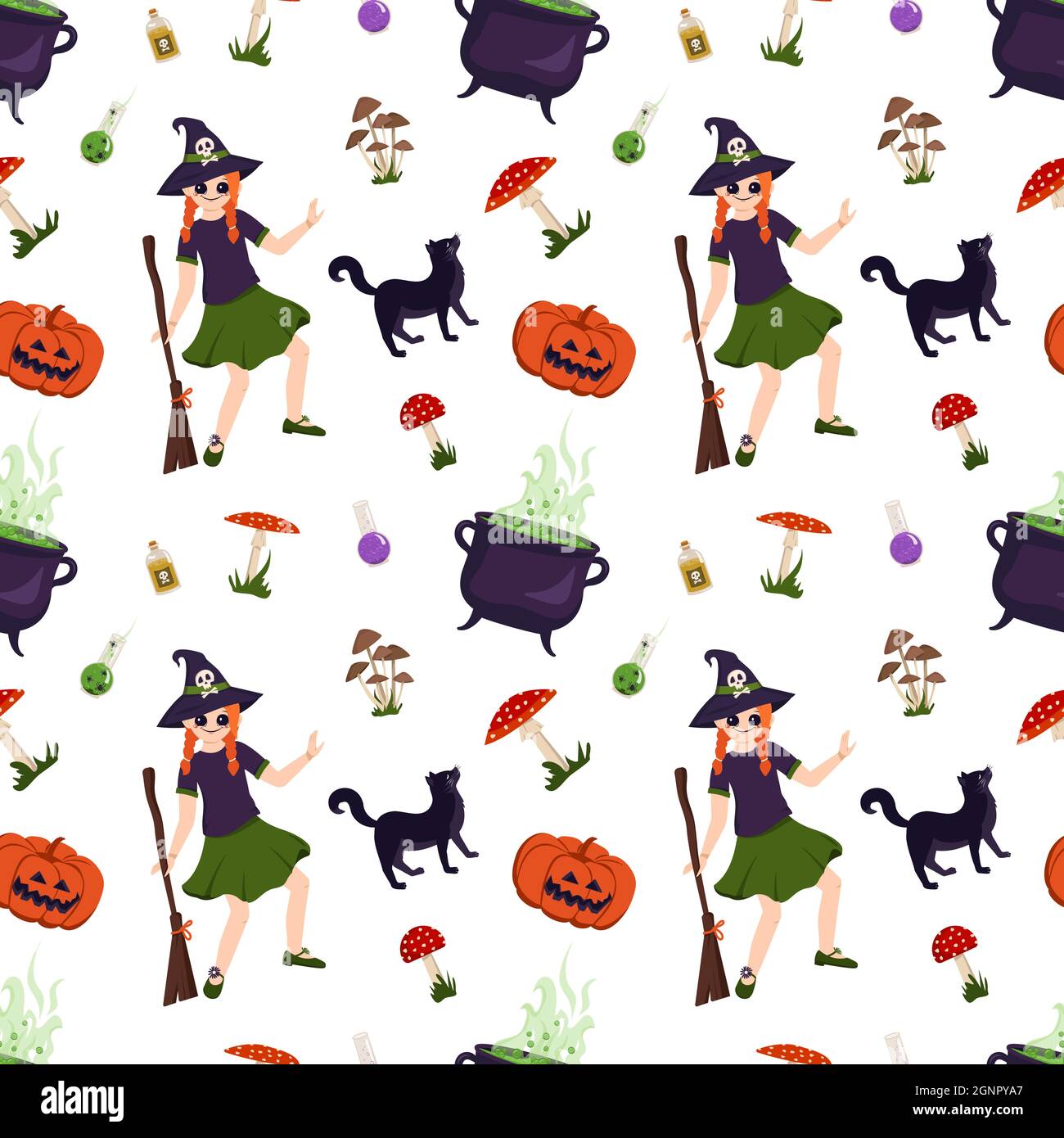 Halloween seamless pattern with girl witch, black cat, pumpkin, toadstool and fly agarics. Festive print with October holiday elements Stock Vector