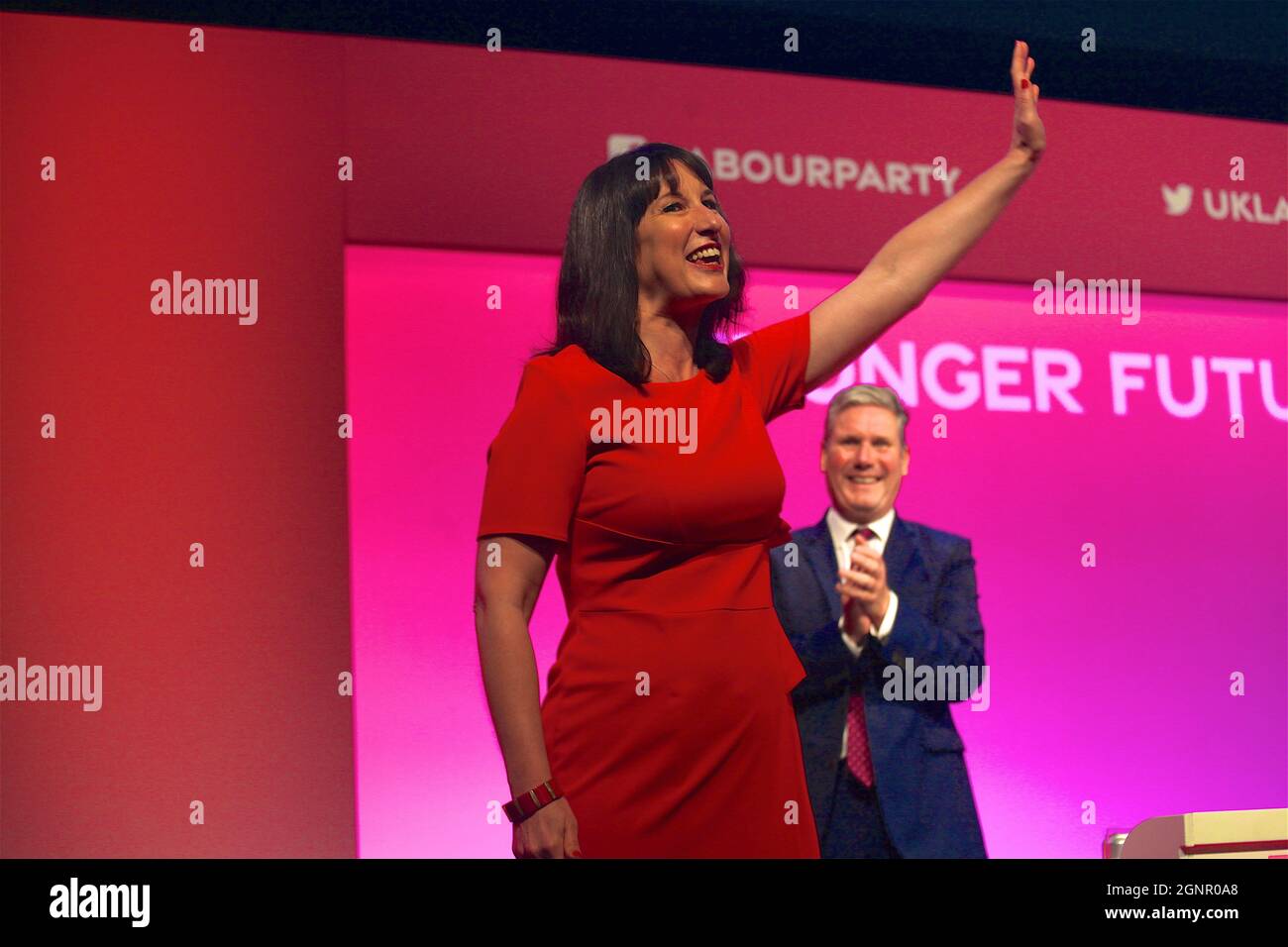 Brighton, UK 27 September 2021. Shadow Chancellor of the Exchequer Rachel Reeves MP speaking at the Labour Party Conference in Brighton Credit: Rupert Rivett/Alamy Live News Stock Photo