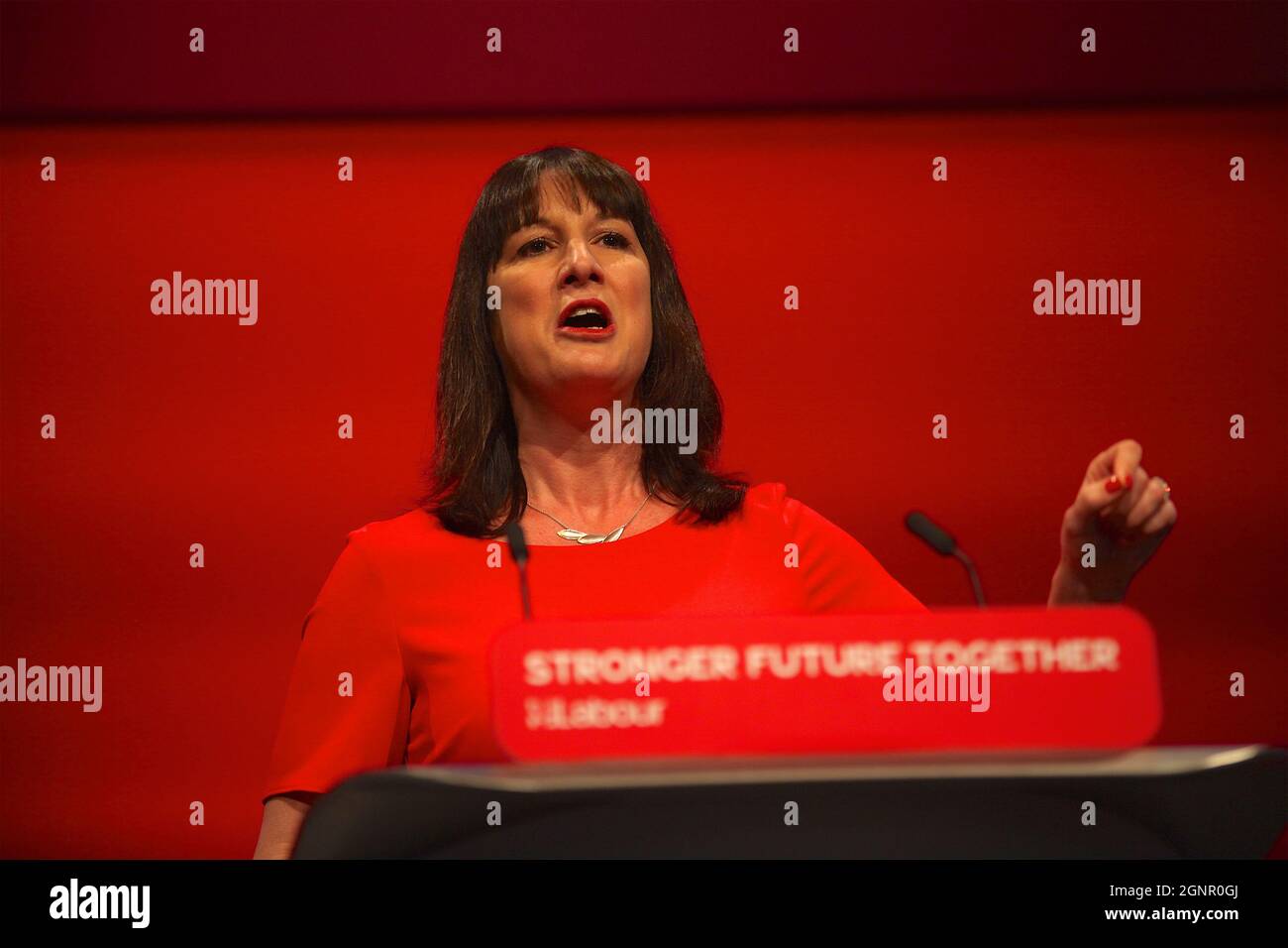 Brighton, UK 27 September 2021. Shadow Chancellor of the Exchequer Rachel Reeves MP speaking at the Labour Party Conference in Brighton Credit: Rupert Rivett/Alamy Live News Stock Photo