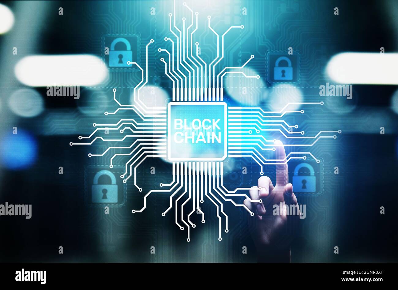 Blockchain technology concept on virtual screen. Cryptography and cryptocurrency Stock Photo