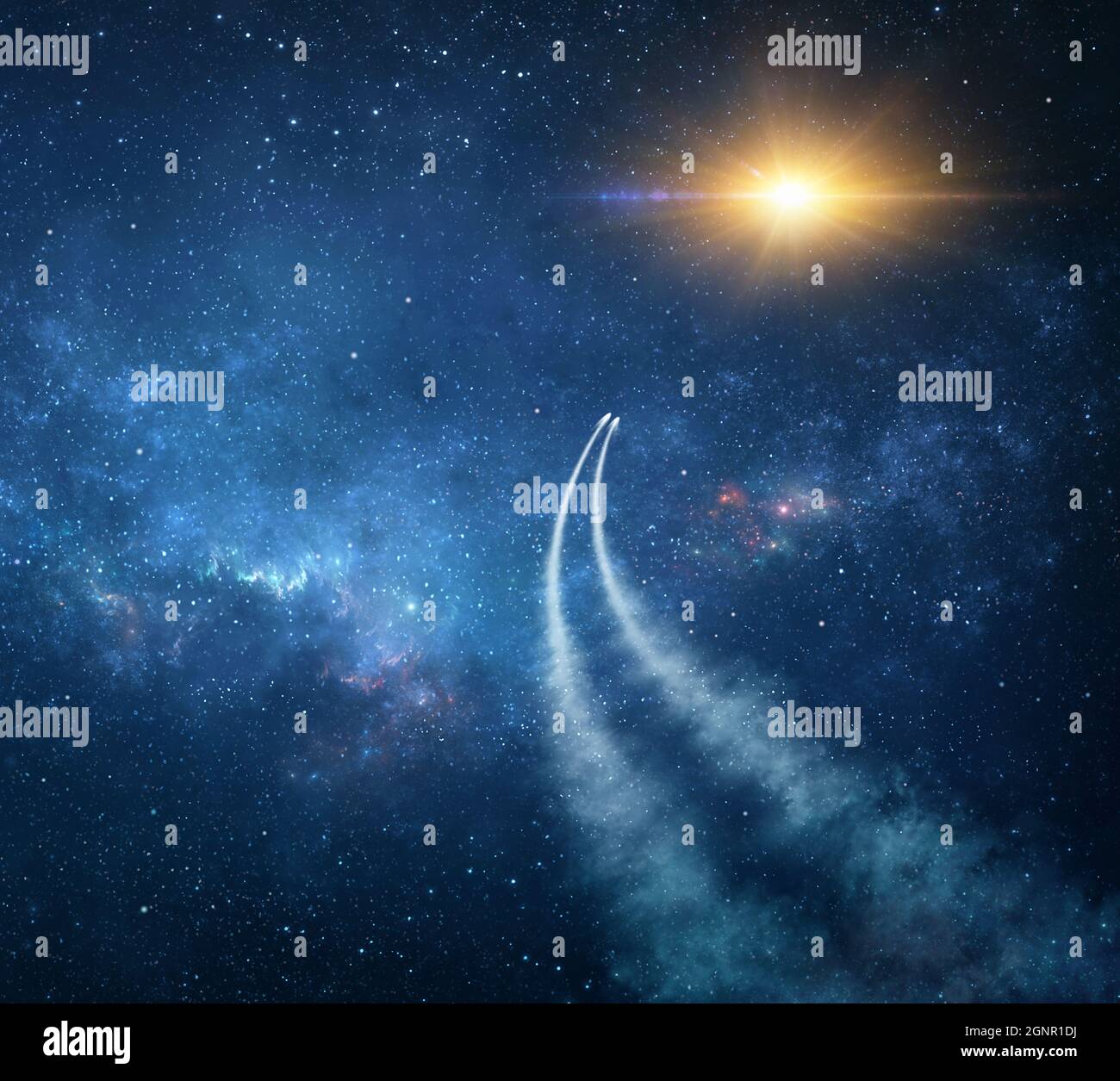 Spaceships traveling into deep space, exploring galaxies and Universe. Space probes passing through stars and nebulae towards the Sun. Stock Photo