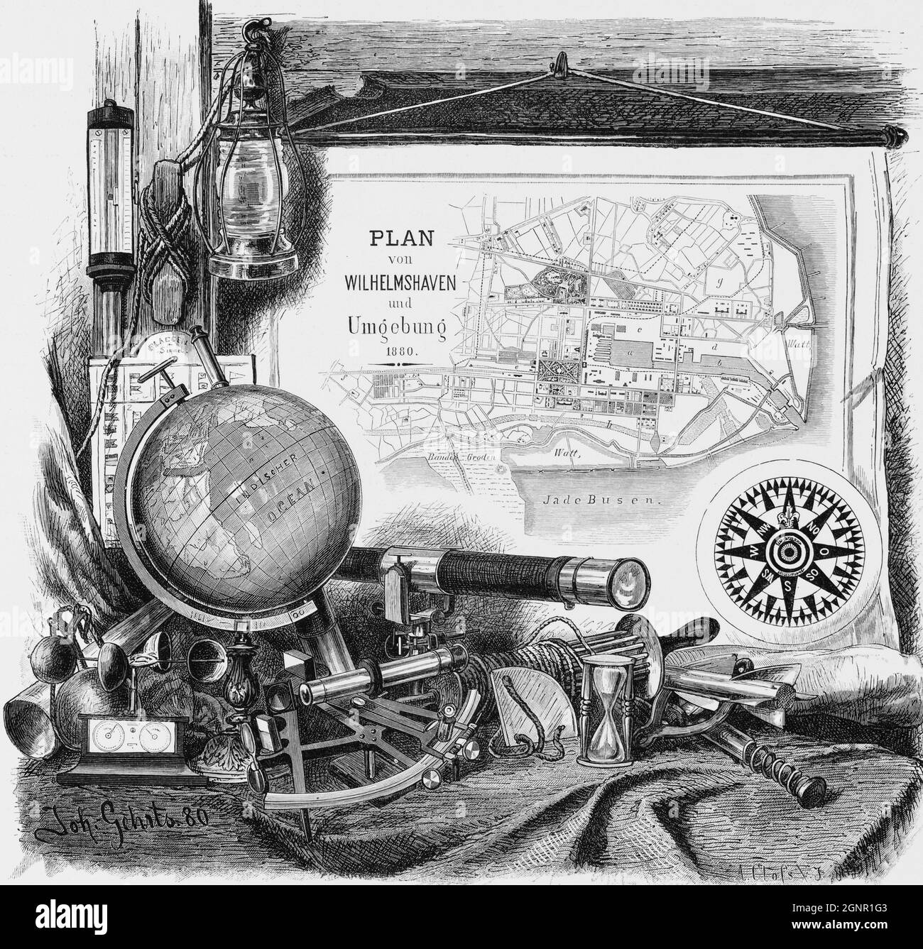 City map of Bremerhaven and its surroundings with navigational instruments and a globe, historic illustration 1880, Stock Photo