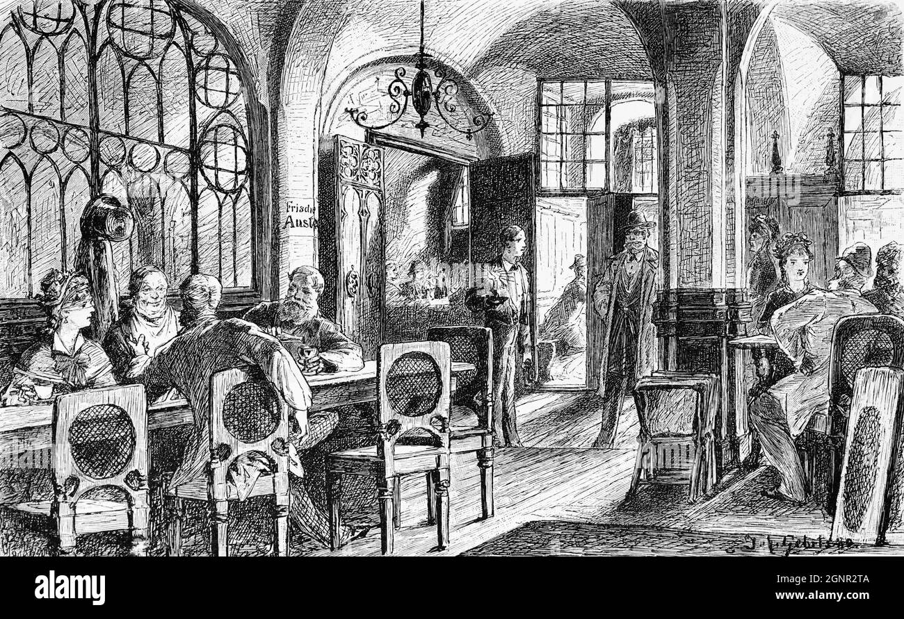 Happy companions in Restaurant Ratskeller or Town Hall Cellar in Bremen Townhall, Federal State Bremen, North Germany, historic illustration 1880, Stock Photo