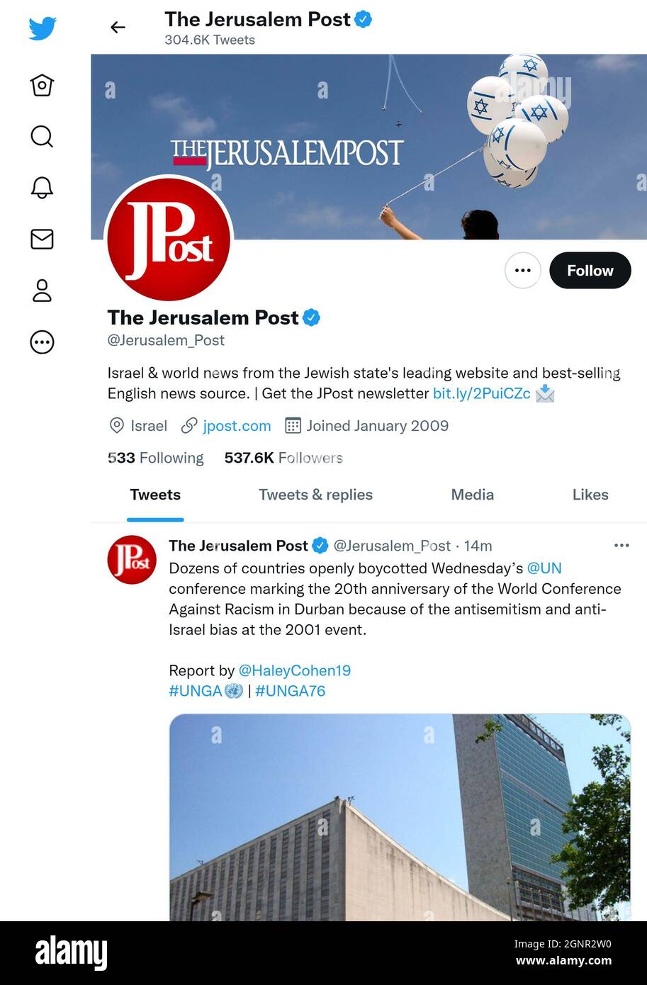 Twitter page (Sept 2021) of the Jerusalem Post Stock Photo