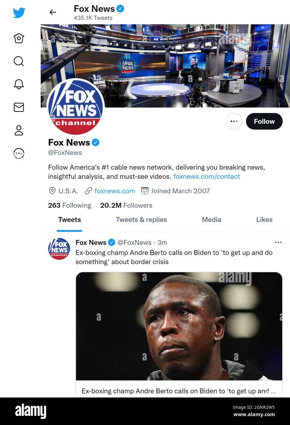 Twitter page (Sept 2021) of Fox News Stock Photo