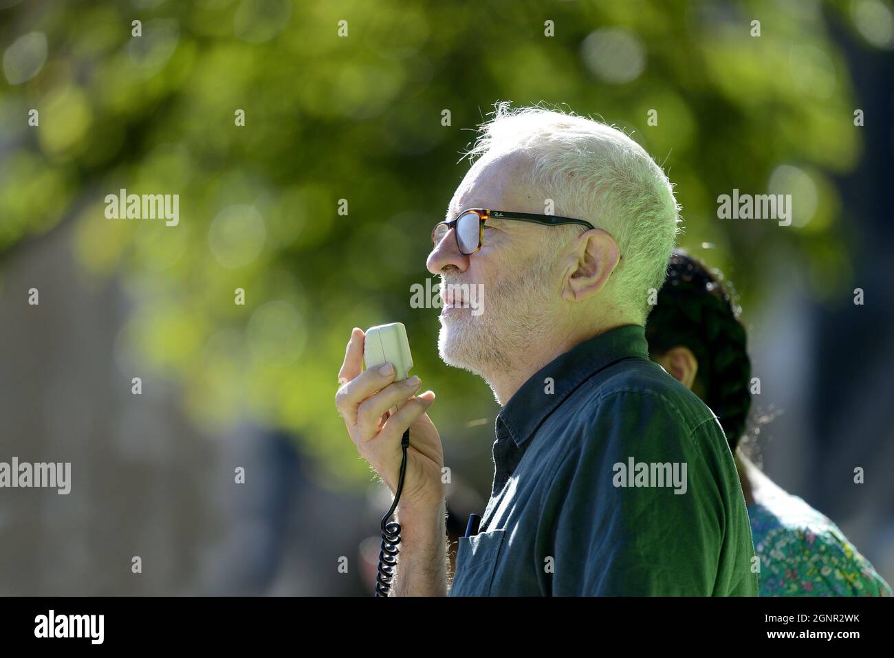 Jeremy Corbyn MP speaking at Fridays for Future environmental protest in Parliament Square, Sept 2021 Stock Photo