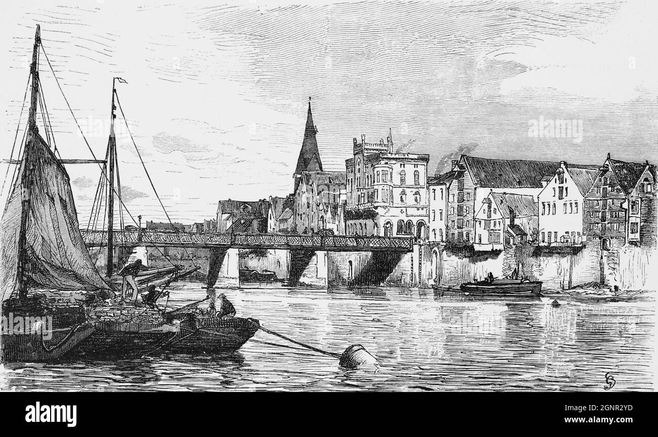 City view of the hanseatic city of Brmen alongside the Weser River with warehouses and  Weser Bridge, historic illustration 1880, Stock Photo