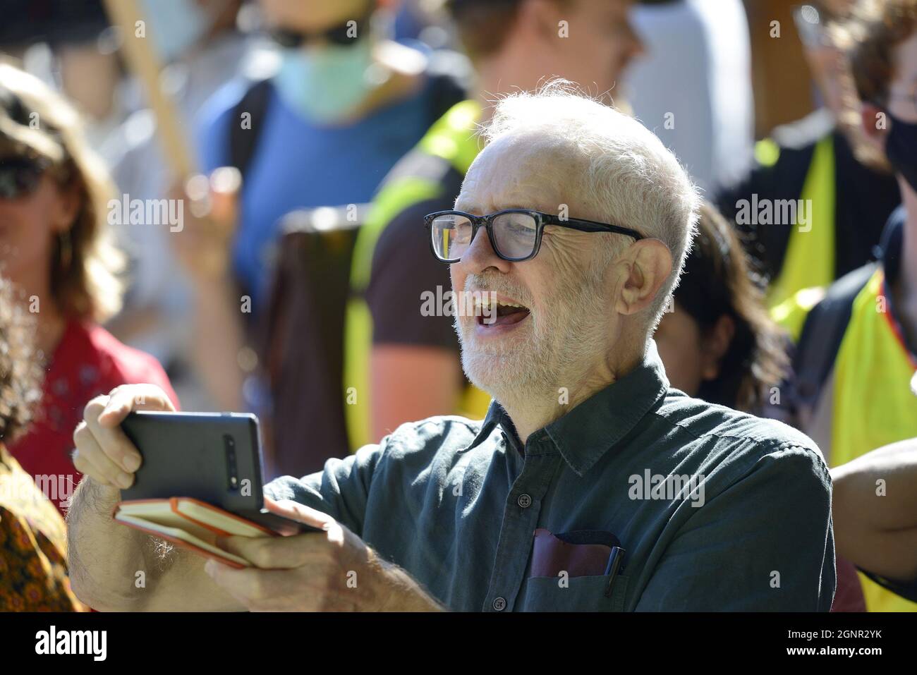 Jeremy Corbyn MP at Fridays for Future environmental protest in Parliament Square, Sept 2021 Stock Photo