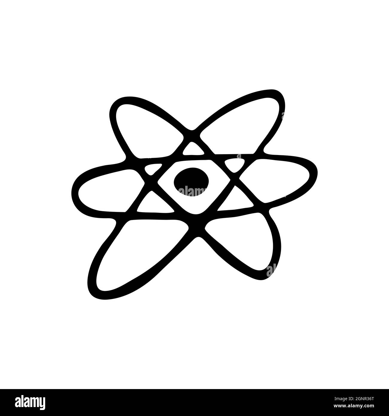 Hand drawn doodle style atom in vector. Isolated illustration on white background. For interior design, wallpaper, packaging, poster Stock Vector