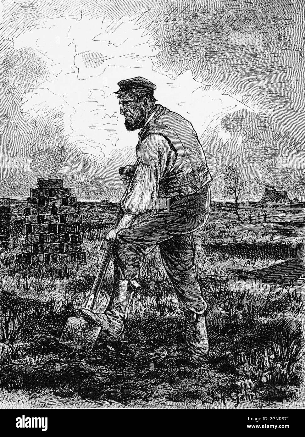 Farmer digging peat in an East Frisian moor,  East Frisia, Lower Saxony, Northern Germany, historic illustration 1880, Stock Photo