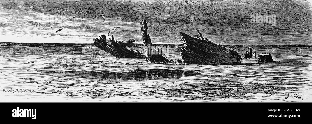 Ship wreck sinking in the sands of Borkum beach,  East Frisia, Lower Saxony, Northern Germany,, historic illustration 1880, Stock Photo