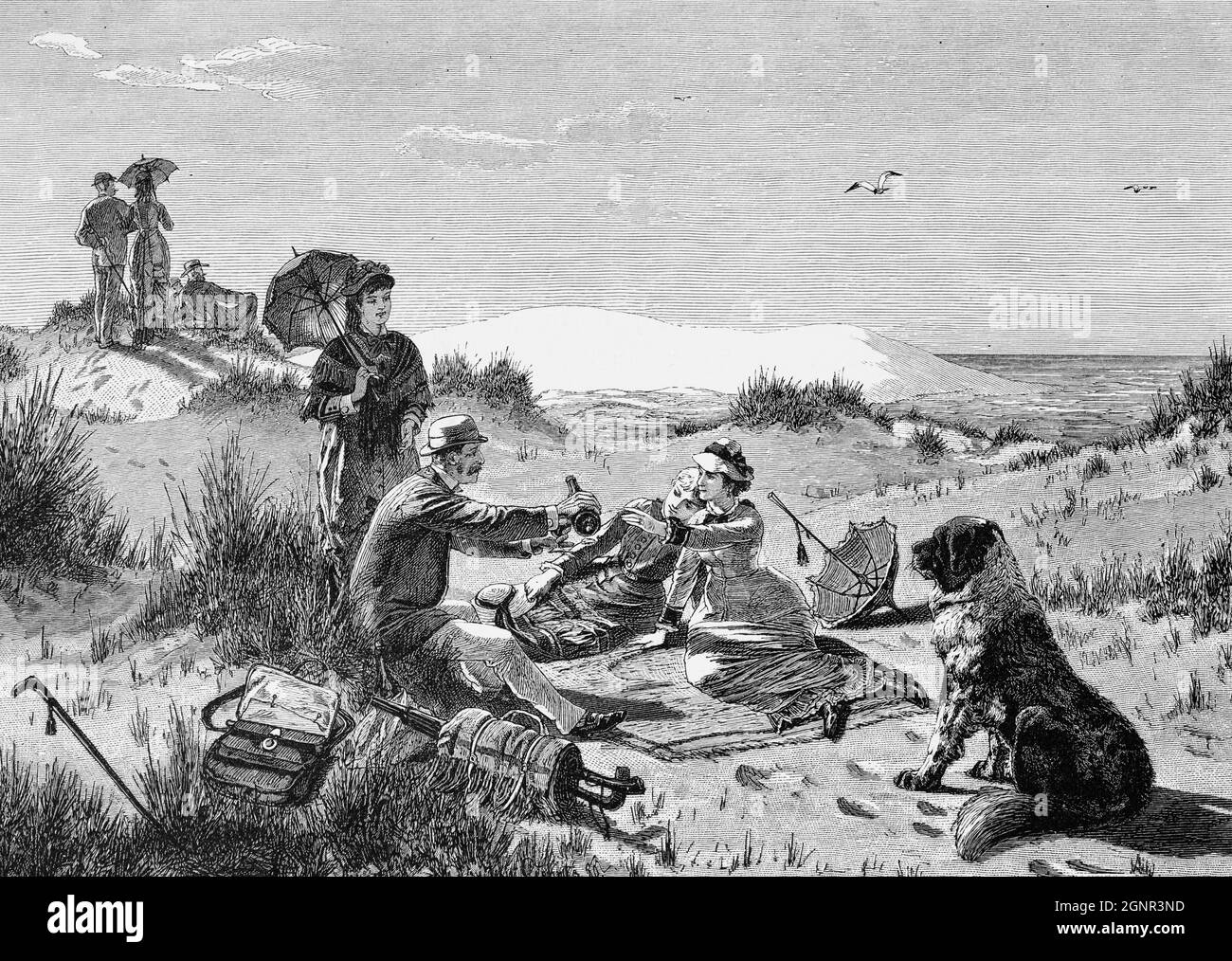 Holiday guests having a picnic in the dunes of East Frisian island Norderney,  East Frisia, Lower Saxony, North Germany,, historic illustration 1880, Stock Photo